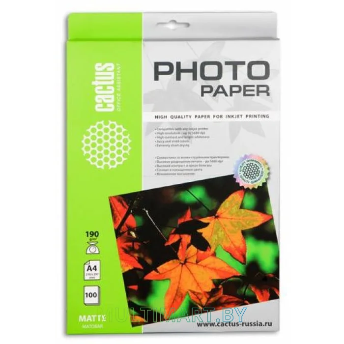 Фотобумага CACTUS Матовая A4 190 г/кв.м. 100 листов(CS-MA4190100)